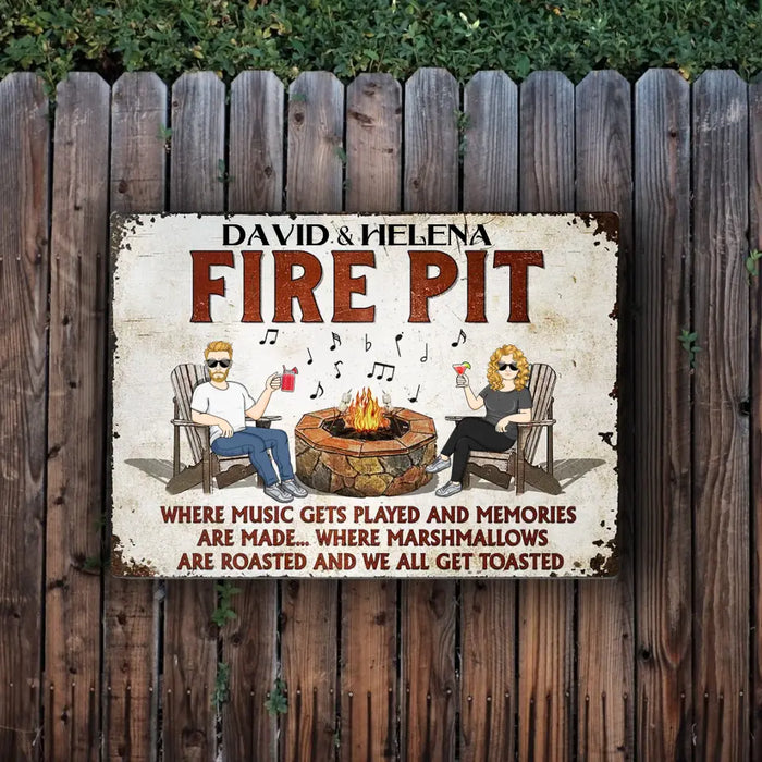 Fire Pit Where Music Gets Played Camping Couple- Personalized Rectangle Metal Sign- Gift For Family