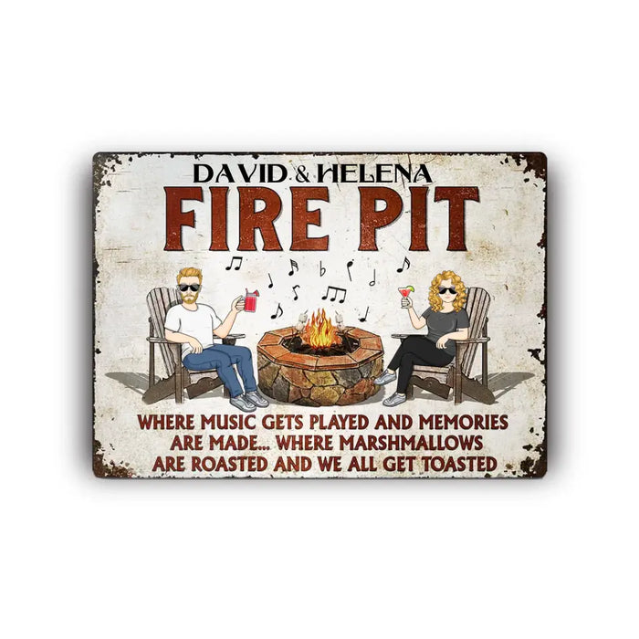 Fire Pit Where Music Gets Played Camping Couple- Personalized Rectangle Metal Sign- Gift For Family