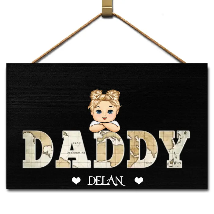 Vintage Map Daddy Kids- Personalized Wooden Shape Sign- Gift For Family