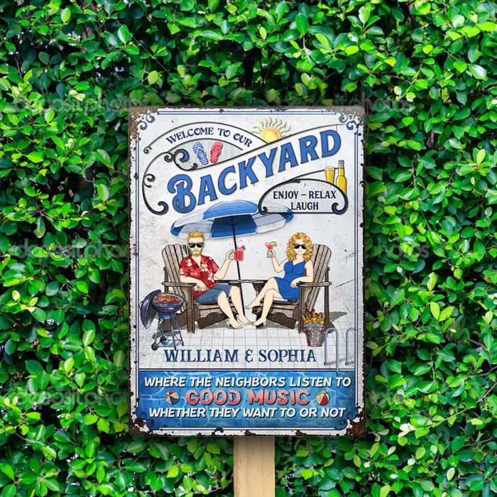 Welcome To Our Backyard- Personalized Rectangle Metal Sign- Gift For Family