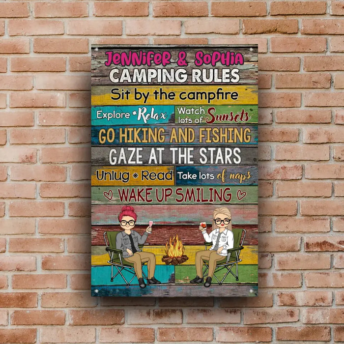Camping Rules Sit By The Campfire - Personalized Metal Sign - Gift For Family, Camping Lovers