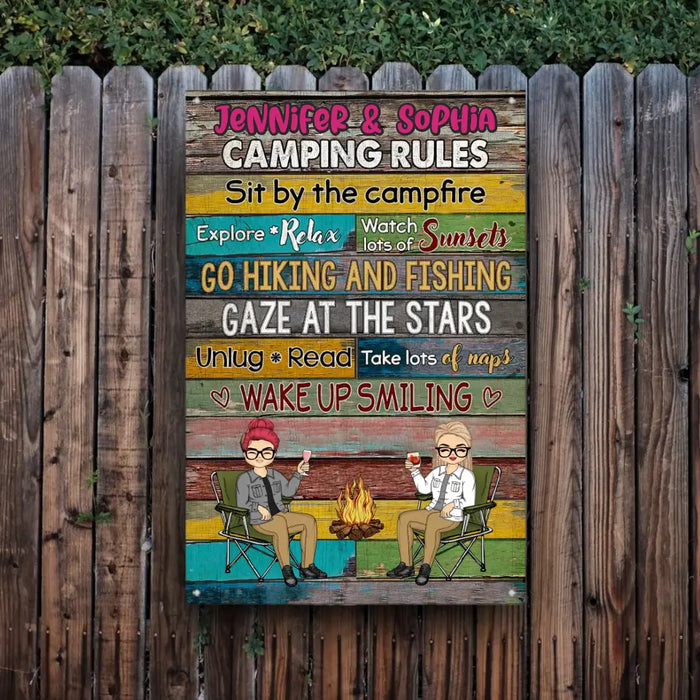 Camping Rules Sit By The Campfire - Personalized Metal Sign - Gift For Family, Camping Lovers