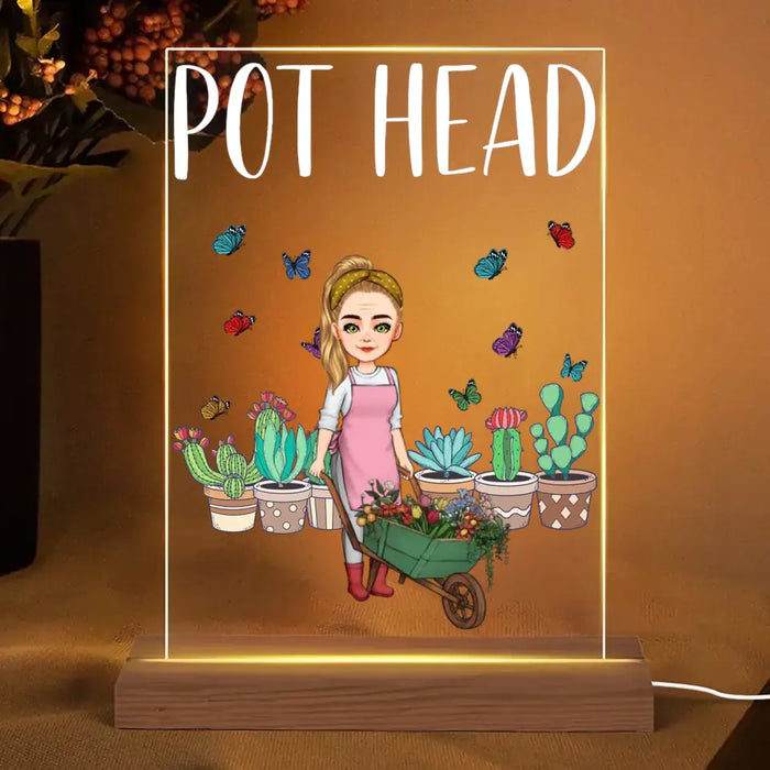 Pot Head - Personalized Acrylic Plaque LED Light Night - Gift for Gardeners