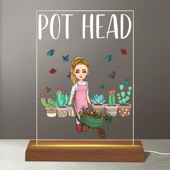 Pot Head - Personalized Acrylic Plaque LED Light Night - Gift for Gardeners