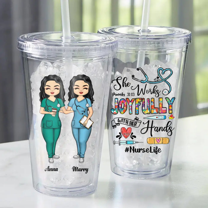 She Works Joyfully With Her Hand - Personalized Acrylic Insulated Tumbler With Straw - Gift For Best Friends
