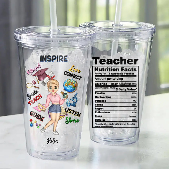 Teacher Nutrition Facts - Personalized Acrylic Insulated Tumbler With Straw - Gift For Travellers