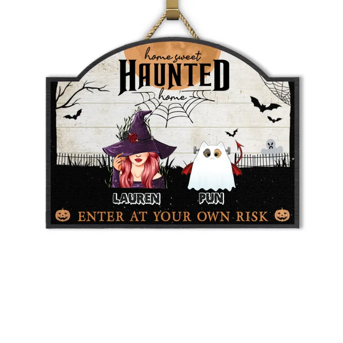 Home Haunted Home Enter At Your Own Risk - Personalized Custom Shaped Wood Sign - Halloween Gift For Cat Lovers