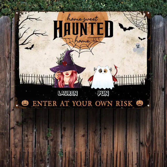 Home Haunted Home Enter At Your Own Risk - Personalized Metal Signs - Halloween Gift For Cat Lovers