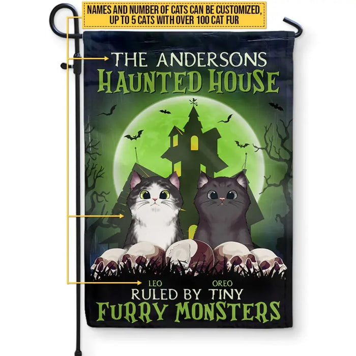 Haunted House Ruled By Tiny Furry Monsters - Personalized Flag - Halloween Gift For Cat Lovers