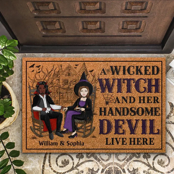 A Wicked Witch And Her Handsome Devil Live Here - Personalized Doormat - Halloween Gift For Couples