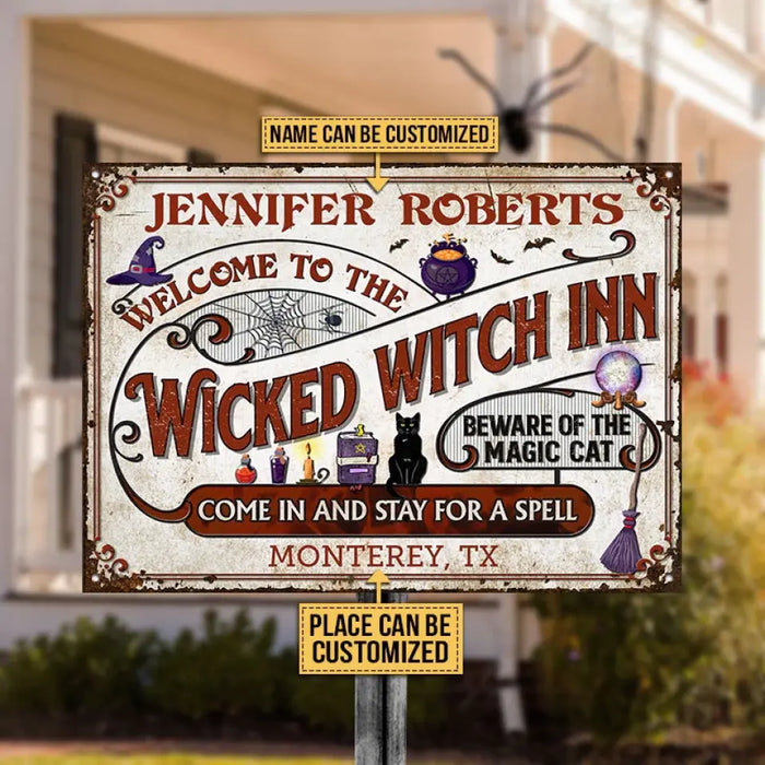 Witch Inn Black Cat Stay For A Spell - Personalized Rectangle Metal Signs - Halloween Gift For Family, Friends