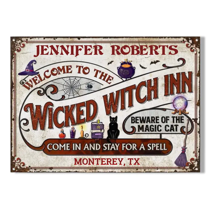 Witch Inn Black Cat Stay For A Spell - Personalized Rectangle Metal Signs - Halloween Gift For Family, Friends