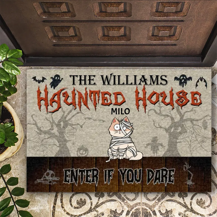 Haunted House Enter If You Dare - Personalized Doormat - Halloween Gift For Cat Lovers