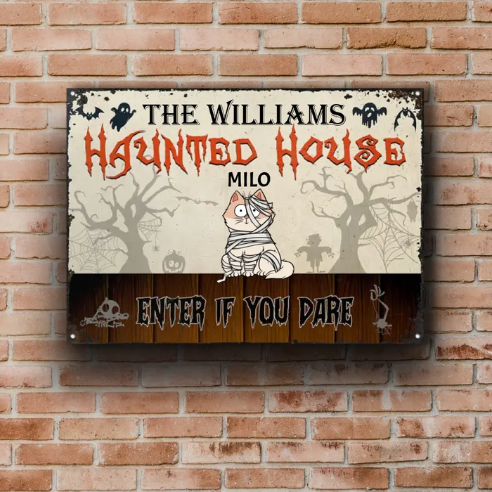Haunted House Enter If You Dare - Personalized Metal Signs - Halloween Gift For Cat Lovers