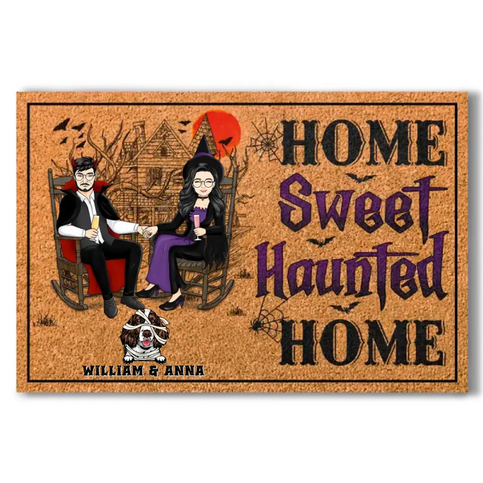 Witch Devil Couple Home Sweet Haunted Home - Personalized Doormat - Halloween Gift For Family