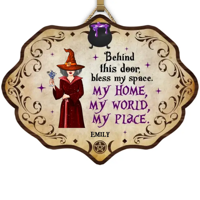 Behind This Door, Bless My Space - Personalized Shaped Wood Sign - Halloween Gift For Friends, Besties