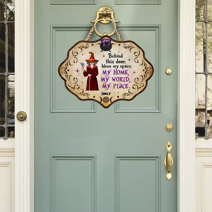 Behind This Door, Bless My Space - Personalized Shaped Wood Sign - Halloween Gift For Friends, Besties