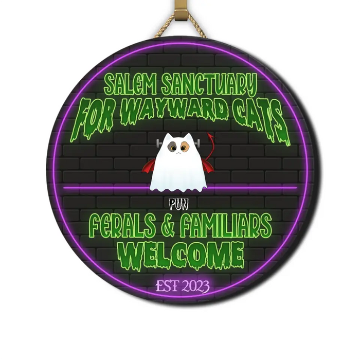 Salem Sanctuary For Wayward Cats - Personalized Round Wood Sign - Halloween Gift For Cat Lovers