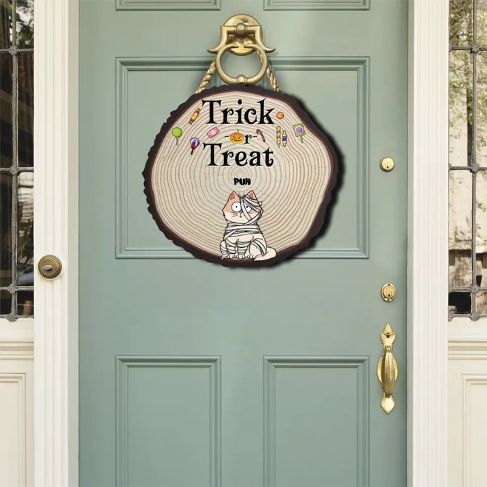 Trich Or Treat - Personalized Shaped Wood Sign - Halloween Gift For Cat Lovers