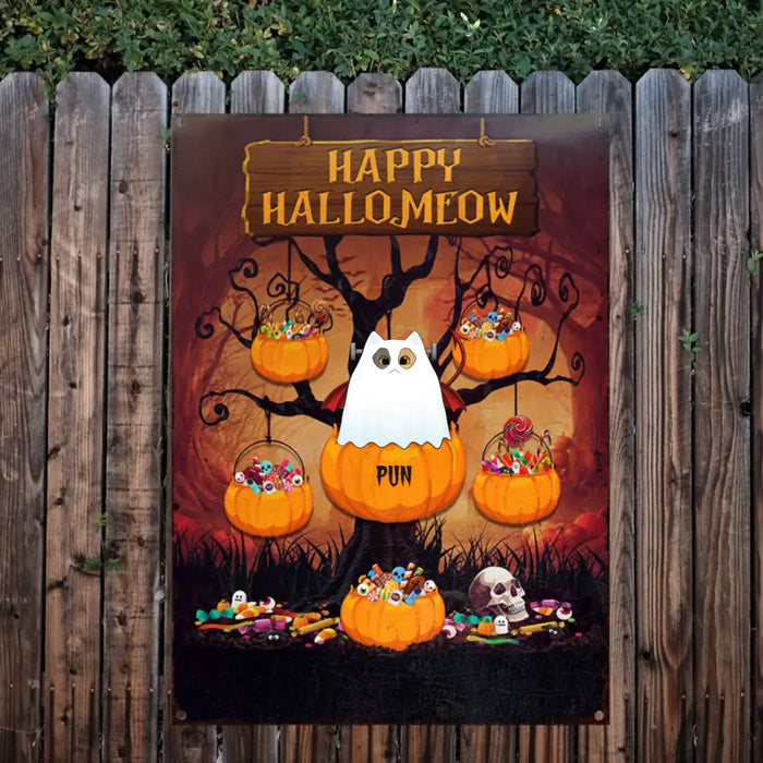 Happy Hallomeow - Personalized Metal Sign - Halloween Gift For Cat Lovers