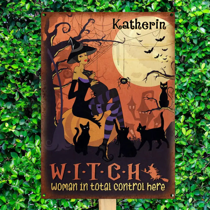 Witch Woman In Total Control Here - Personalized Metal Sign - Halloween Gift For Cat Lovers
