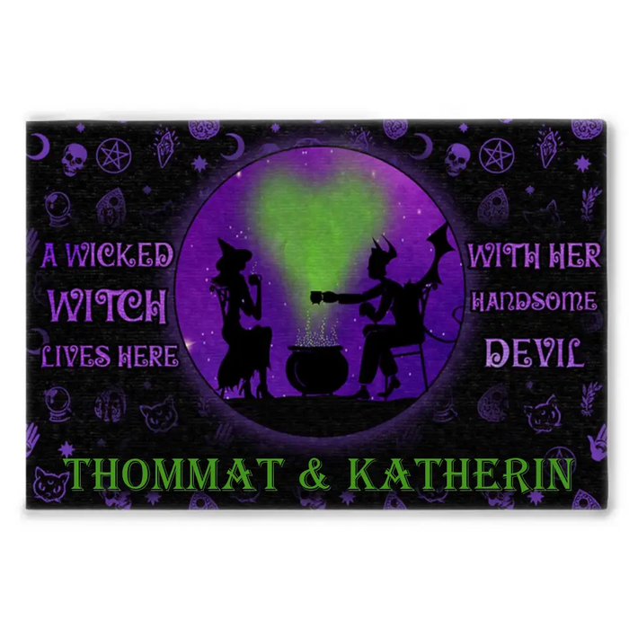 A Wicked Witch Lives Here With Her Handsome Devil - Personalized Doormat - Halloween Gift For Couple