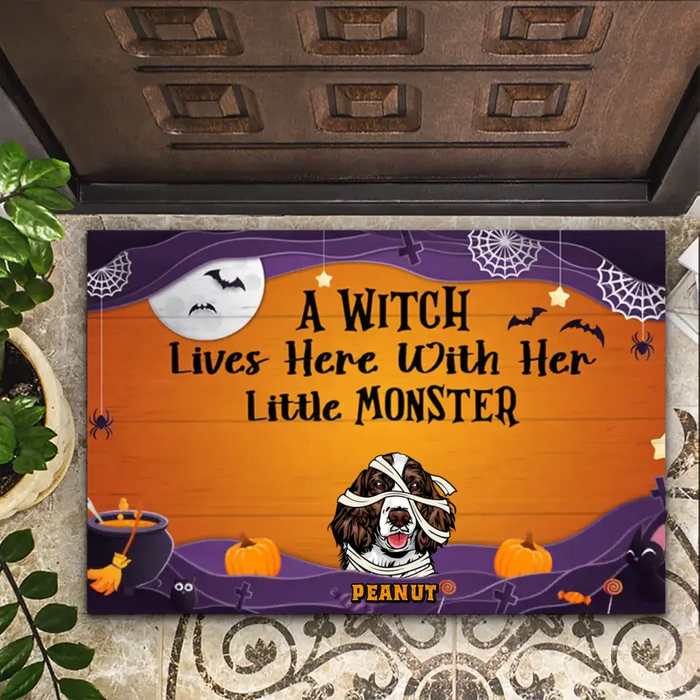 A Witch Lives With Her Little Monsters - Personalized Doormat - Halloween Gift For Dog Lovers