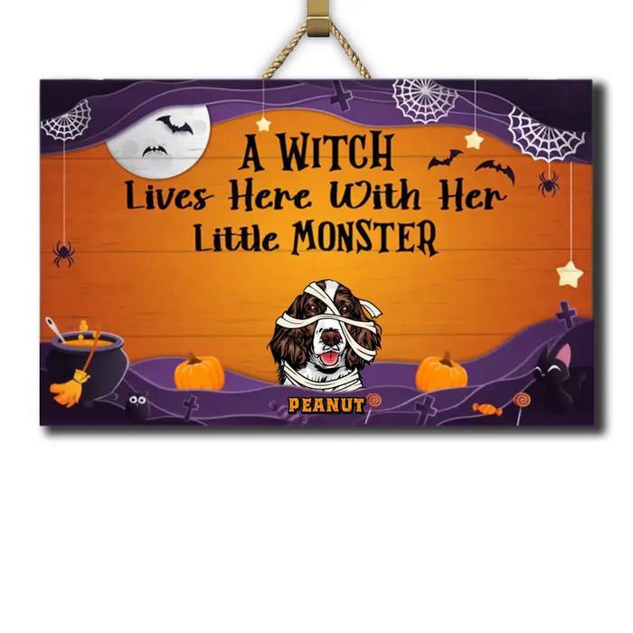 A Witch Lives Here With Her Little Monsters - Personalized Wood Sign - Halloween Gift For Dog Lovers