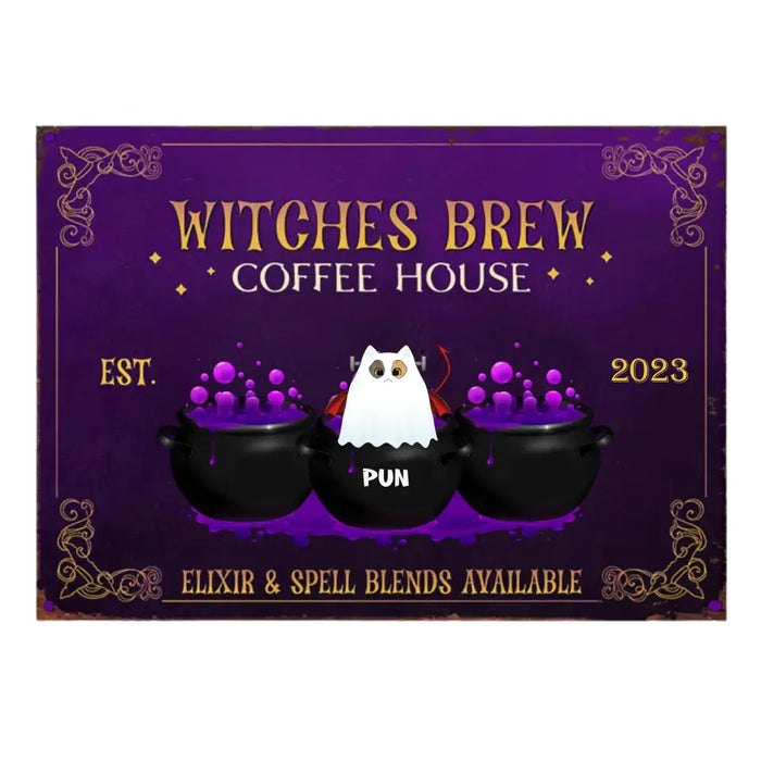 Witches Brew Coffee House - Personalized Metal Sign - Halloween Gift For Cat Lovers