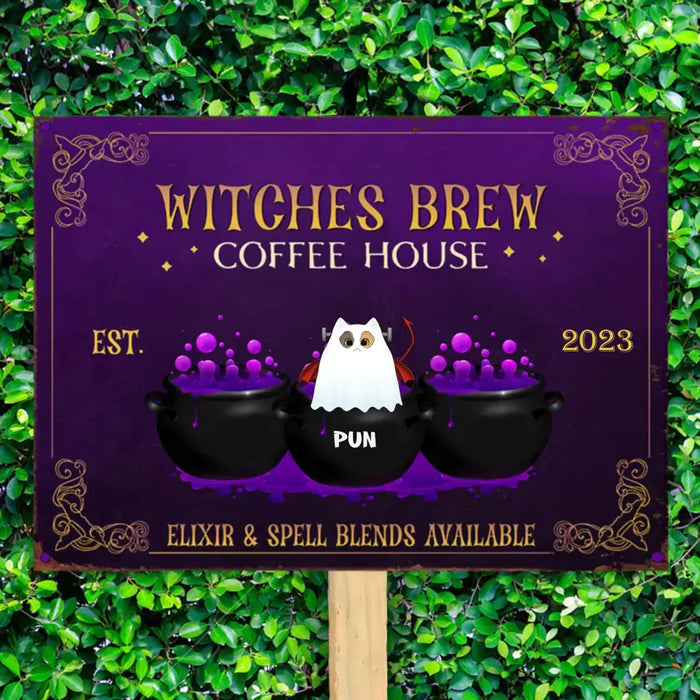 Witches Brew Coffee House - Personalized Metal Sign - Halloween Gift For Cat Lovers
