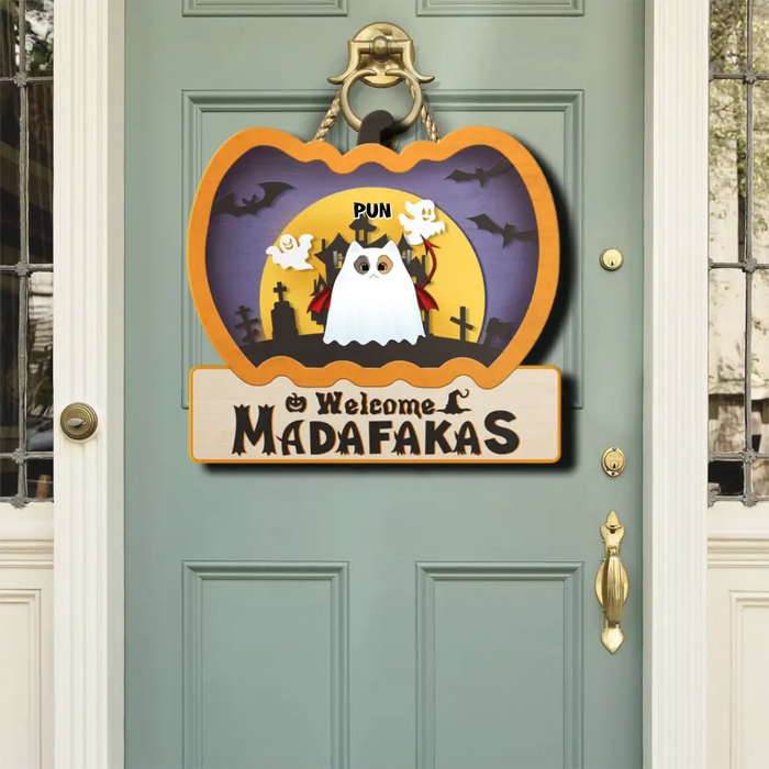Welcome Madafakas - Personalized Shaped Wood Sign - Halloween Gift For Cat Lovers