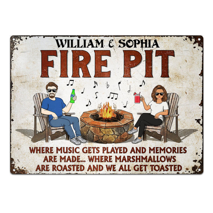 Fire Pit Where Music Gets Played Husband Wife Camping Couple - Backyard Sign - Personalized Custom Classic Metal Signs