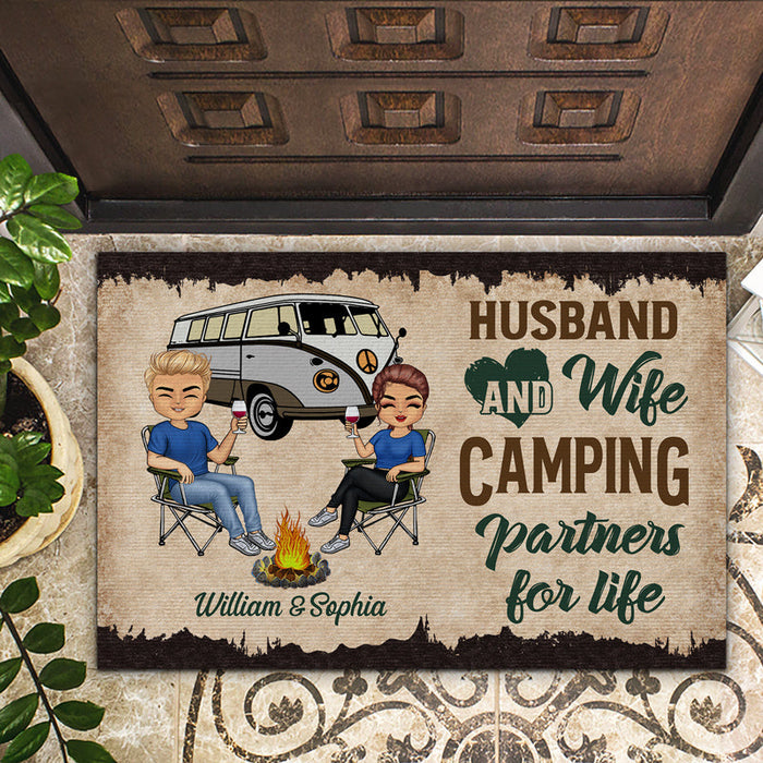 Let's Sit By The Campfire Husband Wife Camping - Couple Gift - Personalized Custom Doormat